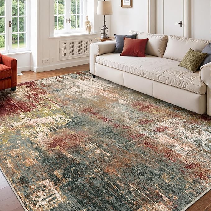 Washable Area Rugs 6'x8' Non-Slip Modern Abstract Soft for Living Room Entryway Bedroom Nursery, Print Pattern, Brown Rust Red Green Blue Multi