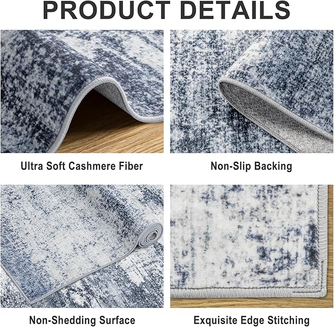 Area Rugs 9x12 Living Room - Washable Rug Modern Abstract Soft Large Neutral Non-Slip Carpet Indoor Floor Thin Carpets for Bedroom Dining Room Farmhouse Nursery Home Office Grey Blue