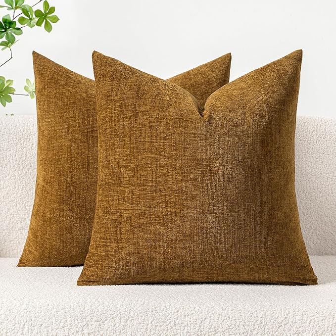 MIULEE Pack of 2 Couch Throw Pillow Covers 18x18 Inch Soft Mustard Chenille Pillow Covers for Sofa Living Room Solid Dyed Pillow Cases