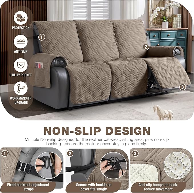 TAOCOCO 100% Waterproof Recliner Sofa Covers, Non Slip Split Couch Covers for Reclining Couches with Elastic Strap, Washable Reclining Sofa Cover Furniture Protector (3 Seater, Gray Taupe)