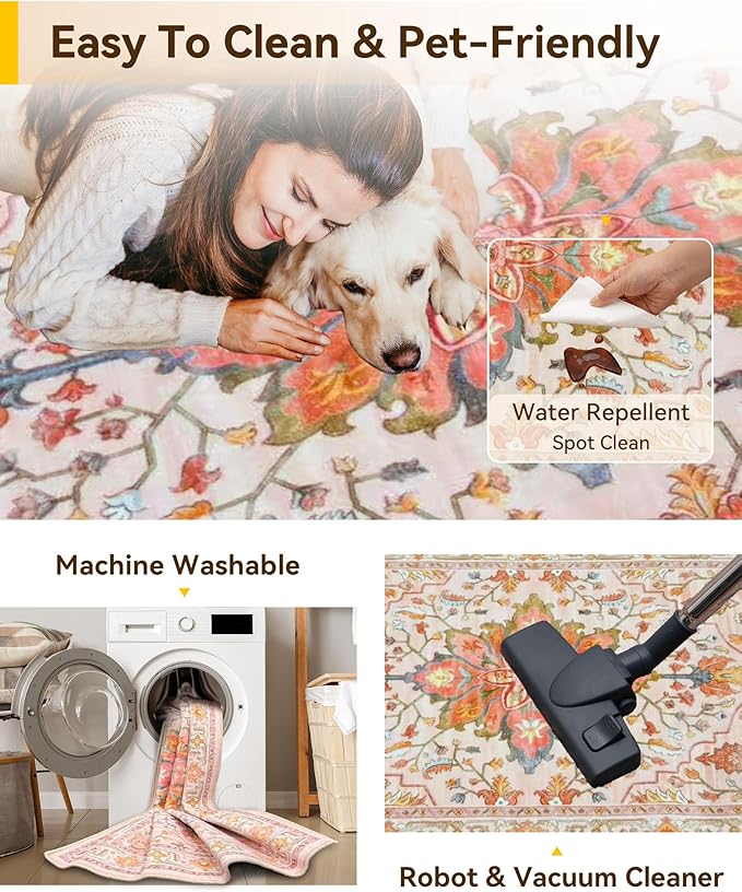 Area Rugs 2'6''x4' Kitchen Rugs Entry Rug Small Rugs for Entryway Kitchen Bathroom Door Mat Indoor Entrance,Washable Non Slip, Light Pink Colorful
