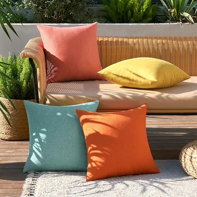 MIULEE Pack of 4 Decorative Outdoor Throw Pillow Covers Linen Waterproof Pillow Covers Farmhouse Cushion Cases for Halloween Patio Garden Tent Balcony Couch Sofa 18x18 inch Orange Teal