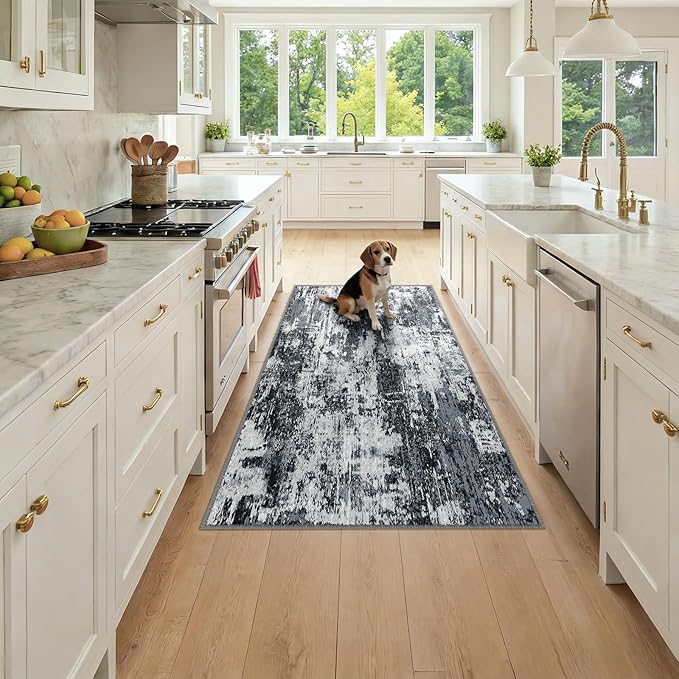 Washable Area Rugs 3x6 Non-Slip Modern Abstract Soft for Living Room Entryway Bedroom Nursery, Print Pattern, Black Navy Blue Gray