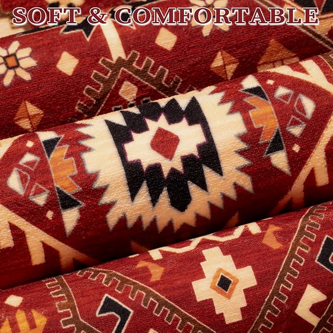 SERISSA 9x12 Area Rugs for Living Room, Large Washable Non-Slip Boho Rug, Ultra Soft Vintage Red Black Oriental Tribal Print Distressed Carpet for Dining Room Bedroom Dorm Office Home Decor
