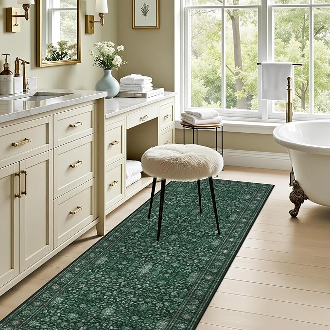 Hallway Runner Rug Non Slip - Washable 2.6x8 Kitchen Rugs for Living Room, Low-Pile Soft Bedroom Rug Indoor Floor Stain Resistant Carpets for Entryway, Laundry, Bathroom Deep Green