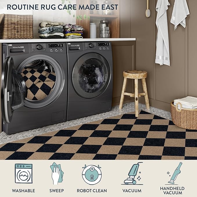 Lahome Colette Checkered Easy Jute Entry Rug, 3x5 Black Outdoor Patio Rug for Living Room Farmhouse Neutral Carpet, Washable Non Slip Indoor Door Mat Diamond Carpet for Front Door Deck Camping