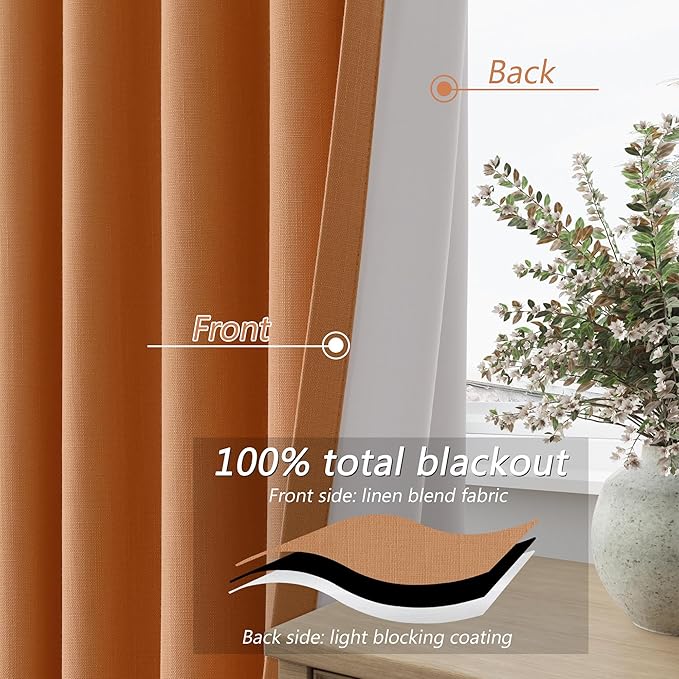 Guken Orange 100% Blackout Linen Curtains 96 Inch Length 2 Panels Set for Living Room Bedroom Back Tab/Rod Pocket Thermal Insulated Black Out Drapes Room Darkening Window Curtains 96 Inches Long