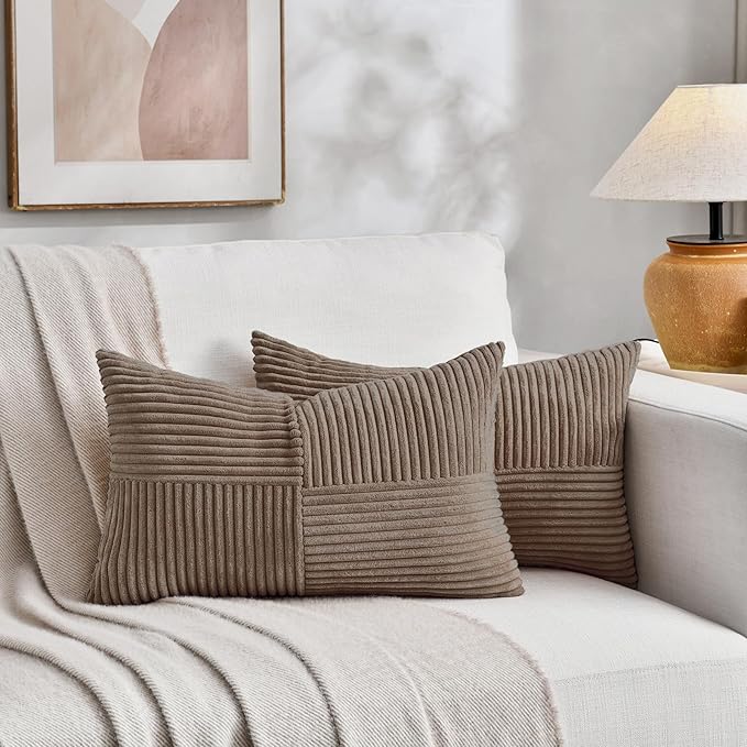 Fancy Homi Set of 2, Light Brown Patchwork Corduroy Decorative Soft Striped Modern Accent Cushion Case Farmhouse Boho Neutral Throw Pillow Covers for Chair Couch Bed Sofa Living Room 32x16 Inch