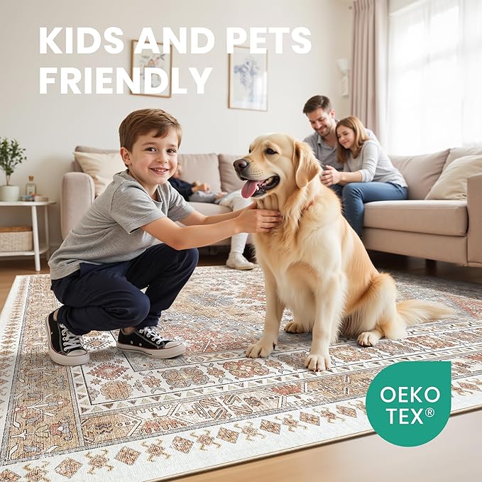zesthome 6x9 Area Rug, Super Soft Washable Rugs for Living Room, Non-Slip Stain Resistant Vintage Rugs, Ultra-Thin Large Area Rugs (Orange,6'x9')