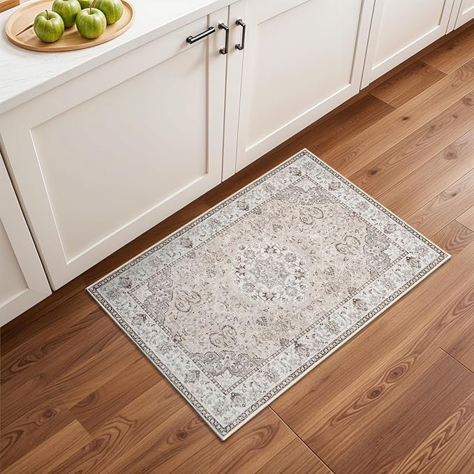 Washable 2x3 Entryway Area Rug - Neutral Kitchen Rug Runner Vintage Soft Floor Mat Non Slip Indoor Farmhouse Carpet for Bathroom Living Room Bedroom (2 X 3, Beige)