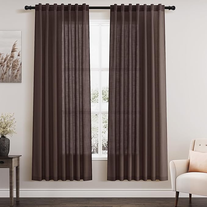 Nanspring Coffee Linen Curtains for Living Room Back Tab Light Filtering Privacy Semi Sheer Drapes Modern Farmhouse Decor Linen Textured Gauze Curtain for Bathroom Bedroom 2 Panels Set 52x72