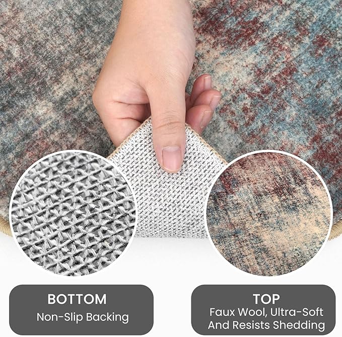 IOHOUZE Abstract Round Area Rug 6 Ft Washable Circle Rugs Large Round Rug Non Slip Thin Soft Circle Rugs, Printed Faux Wool Floor Carpet for Bedroom Living Room Dining Room Nursery, Red/Multi