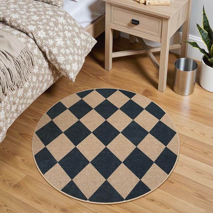 Lahome Colette Checkered Round Rug 3ft, Circle Indoor Outdoor Entryway Patio Rug Washable Easy Jute Rug, Farmhouse Non Slip Small Round Rugs for Bedroom Porch Living Room Decor