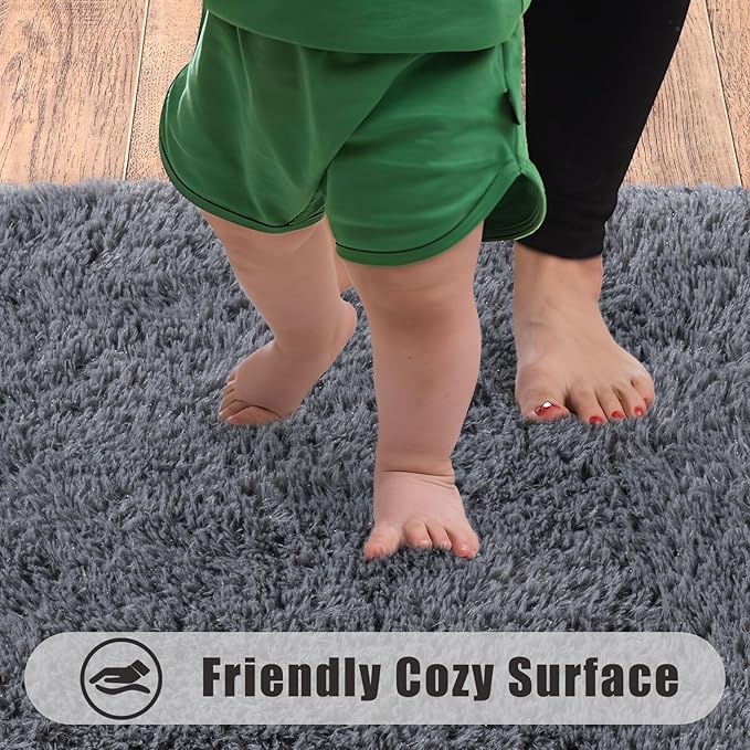 Ultra Soft Runner Rugs for Bedroom Hallways with Upgraded Non-Slip Rubber Backing & Thick Memory Sponge, 2 Packs 2x6 Feet Fluffy Shag Throw Area Rug for Bedside Dorm Dark Grey