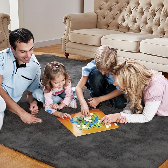 Large Area Rugs for Living Room, Super Luxury 8x10 Soft Fluffy Modern Bedroom Rug, Big Indoor Thick Soft Nursery Rug, Non-Skid Nursery Faux Fur Carpet for Kids Room Home Décor, Solid Gray