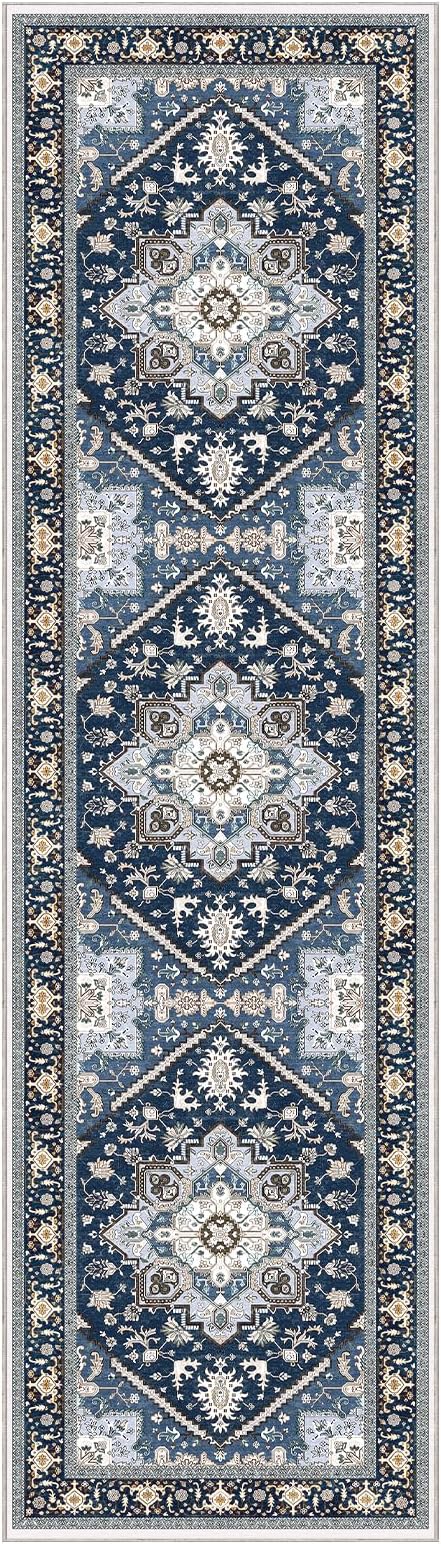 OPPODREAM Soft Entryway Rug 2x8, 2x8 Rug Runner, Washable Hallways Carpet 2 x 8 with Non Slip Backing, Low-Pile Bedside Carpet 2 x 8, Long, Faux Cashmere, Navy Blue & Gold