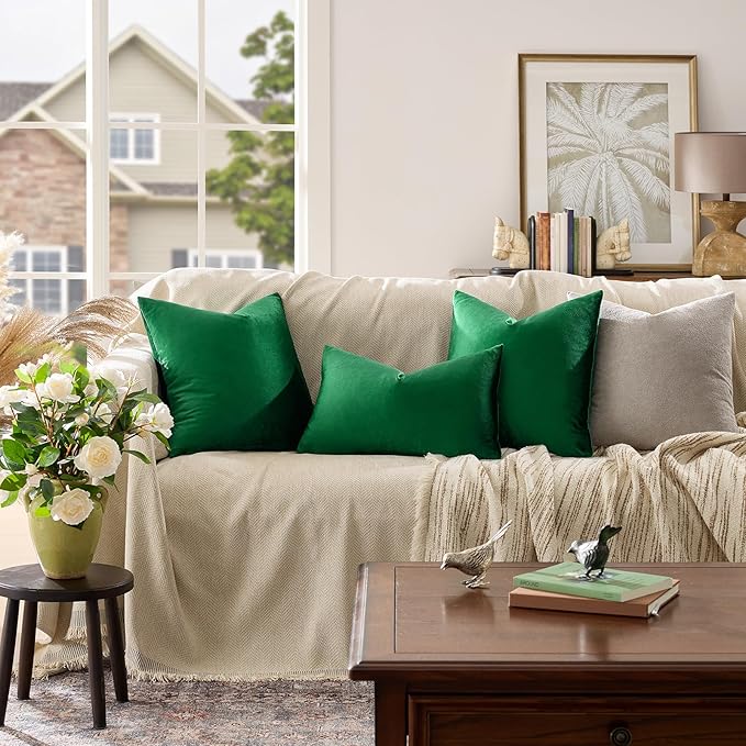 GIGIZAZA Decorative Throw Pillow Covers 16x16,Set of 2 Forest Green Square Couch Pillow Covers,Velvet Sofa Boho Cushion Pillows