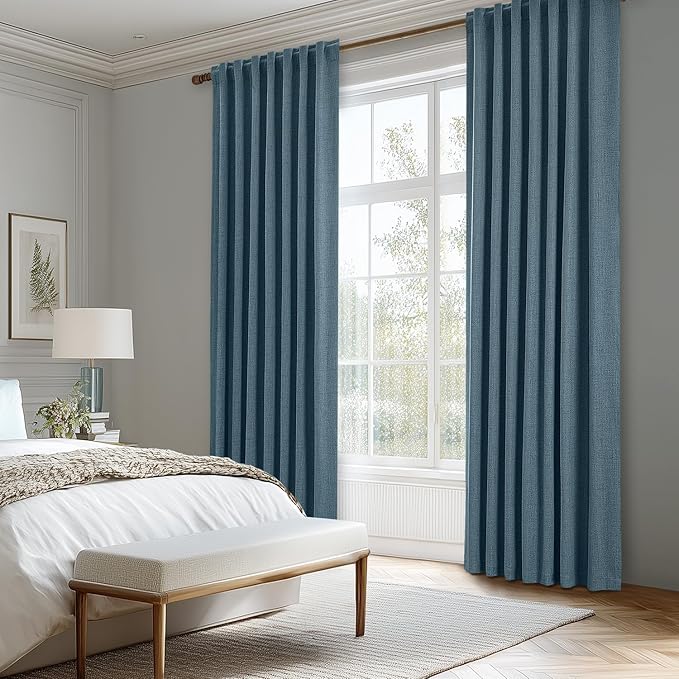MIULEE 100% Blackout Linen Curtains for Bedroom, Stone Blue Solid Luxury Decor Thermal Insulation Room Darkening Drapes for Living Room Nursery Back Tab Rod Pocket 42 x 108 Inches, 2 Panels