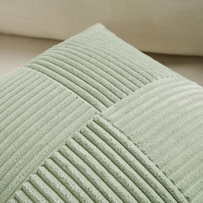 Fancy Homi 2 Packs Sage Green Decorative Throw Pillow Covers 16x16 Inch for Living Room Couch Bed, Rustic Farmhouse Boho Home Decor, Soft Corss Patchwork Corduroy Textured Square Cushion Case 40x40 cm