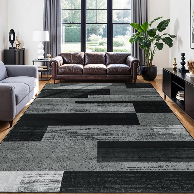 LIANLAM 9x12 Washable Area Rugs for Living Room and Bedroom, Vintage Checkered Pattern Non-Slip Carpet, Stain Resistant Low Pile Soft Rug for Dining Room,Office,Nursery,Kids Room(9x12,Gray)