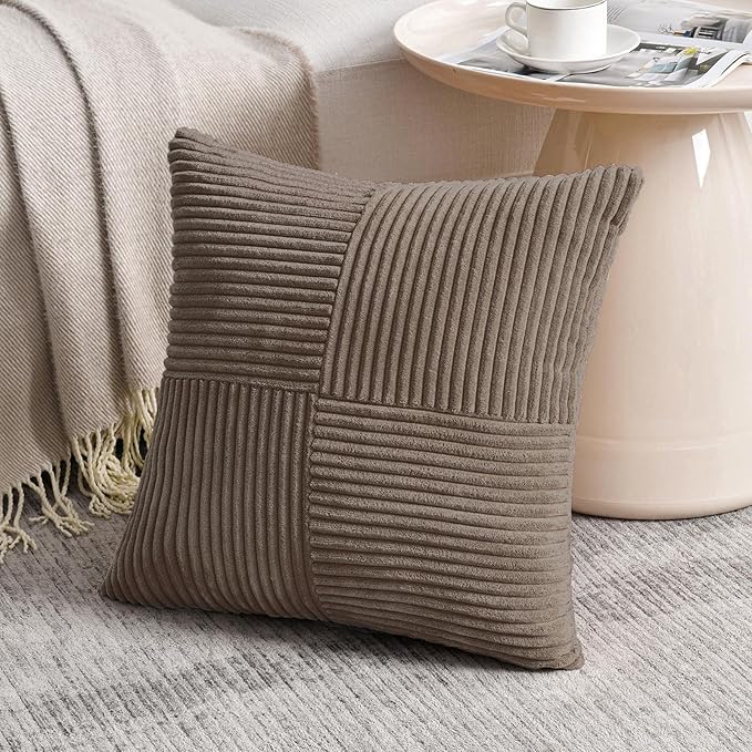 Fancy Homi Set of 2, Light Brown Patchwork Corduroy Decorative Soft Striped Modern Accent Cushion Case Farmhouse Boho Neutral Throw Pillow Covers for Chair Couch Bed Sofa Living Room 22x22 Inch