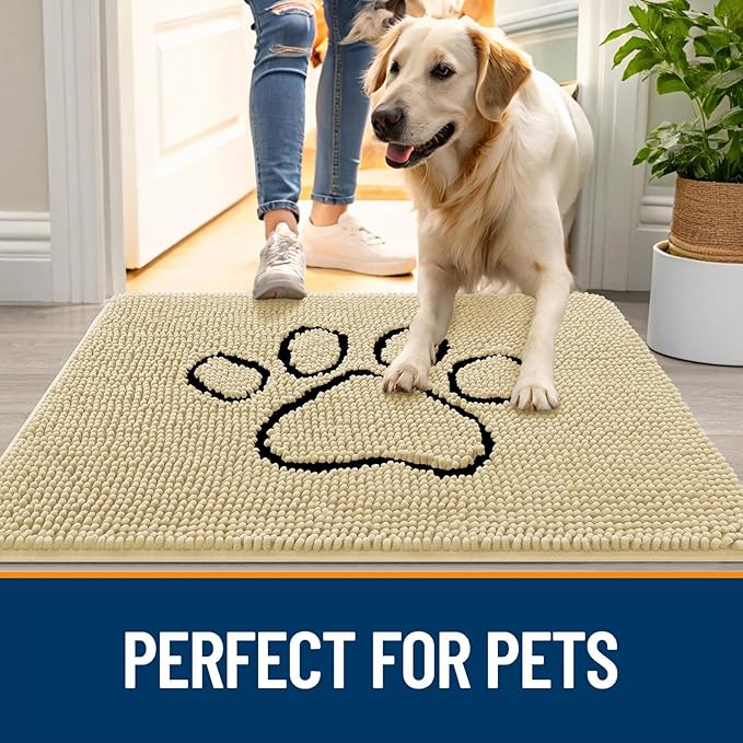 OLANLY Dog Door Mat for Muddy Paws 30x20, Paw Print Design, Absorbs Moisture and Dirt, Absorbent Non-Slip Washable Doormat, Quick Dry Chenille Mud Mat for Dogs, Entry Indoor Entryway Carpet, Sand