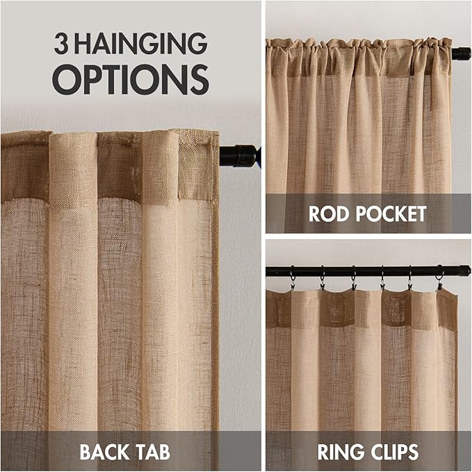 MIULEE Brown Linen Curtains 72 Inch Length for Bedroom Living Room, Soft Thick Linen Textured Window Drapes Semi Sheer Light Filtering Back Tab Rod Pocket Burlap Look Farmhouse Decor, 2 Panels