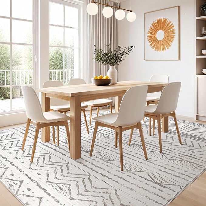 Nakagishi Area Rugs 8x10 Living Room: Washable Boho Large Neutral Soft Farmhouse Rug Stain Resistant Modern Geometric Non Slip Indoor Floor Carpet for Bedroom Nursery Kids Playroom Office- Gray White
