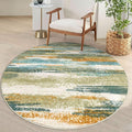 Lansny Modern Abstract Round Rug 5Ft, Green Mustard Multi Small Washable Non-Slip Circle Rug, Soft Circular Dining Room Rug Thin Print Faux Wool Carpet for Bedroom Living Room Office Playroom