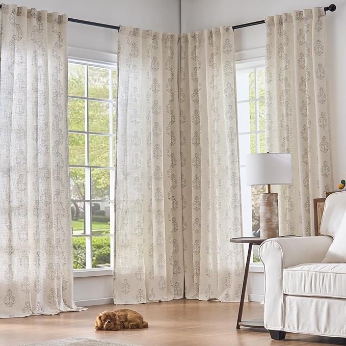 jinchan Linen Floral Curtains for Living Room 96 Inch Length Gray Flower Cottage Core Farmhouse Curtains Rod Pocket Back Tab Boho Semi Sheer Window Drapes Bedroom Set 2 Panels Grey on Beige