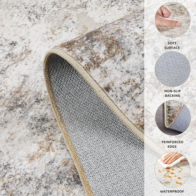 UERMEI 5ft Round Area Rug Living Room Rugs - 5x5 Washable Neutral Modern Abstract Soft Thin Rug Indoor Floor No Slip Rug Carpet for Bedroom Under Dining Table Home Office Decor - Brown Grey