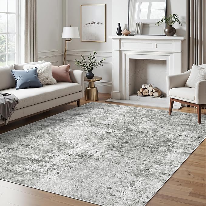 Abstract Rug 5x7 Machine Washable Area Indoor Grey White Low Pile Non-Slip Foldable Thin Accent Rugs for Bedroom Living Room Dining Room