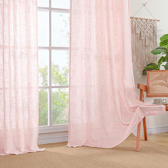 LAMIT Pink Linen Curtains 54 Inch Length 2 Panels, Light Filtering Panels Back Tab and Rod Pocket Neutral Drapes for Kids Room/Window/Bedroom, 52 x 54 Inch