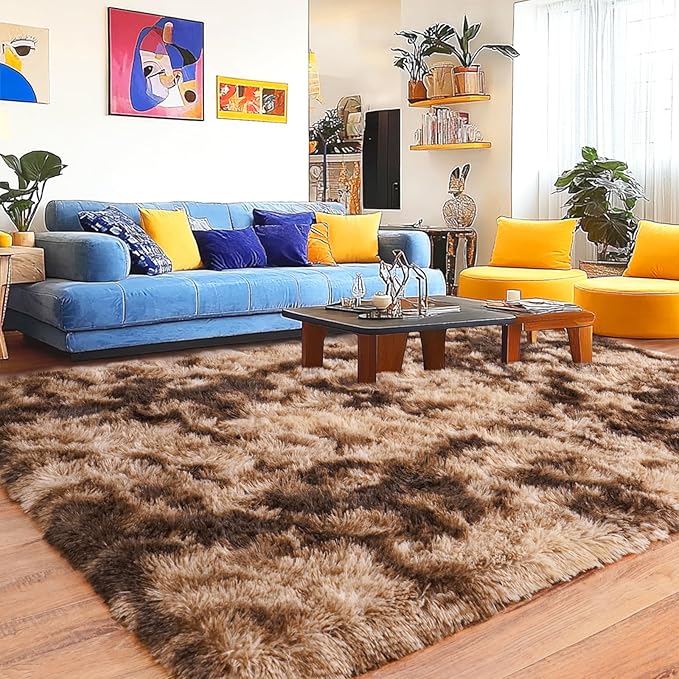 Pionblank 9x12 Area Rug, Large Area Rug for Living Room, Shag Rug for Bedroom Brown, Soft Furry Non Slip Carpet for Kids Room Nursery Teens Dorm Home Decor, Tie-Dyed Coffee