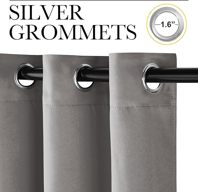 NICETOWN Room Darkening Cafe Satin Curtains for Small Windows, 42" Wide by 63" Long, 2 Panels, Chrome Gray, Grommet Privacy Blackout Drapes for Play Room