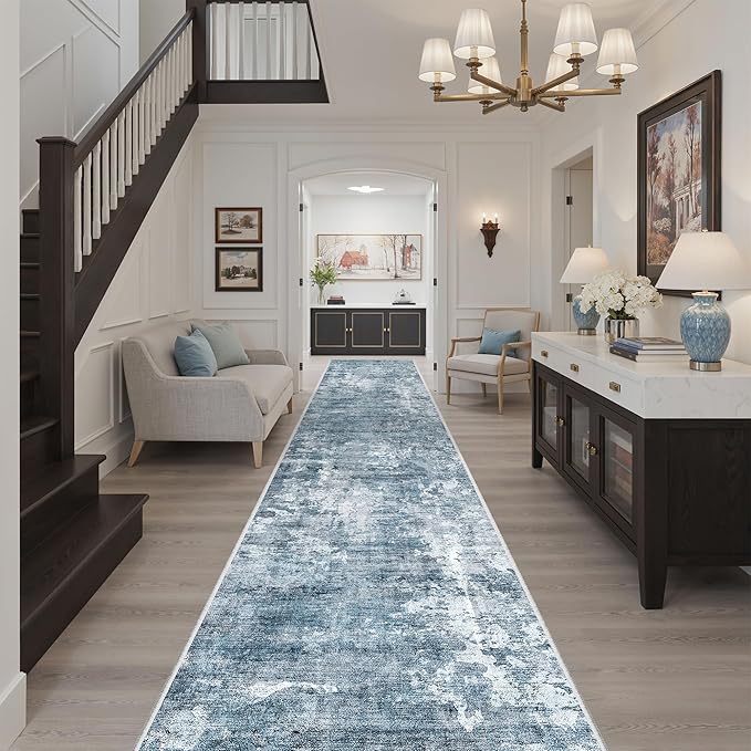 Runner Rug 2'6" x 16' Washable Non-Slip 2.5x16 ft Long Runner Rugs for Kitchen Bathroom Laundry Room Vintage Ultra Thin Runners for Hallway Entryway Blue/Grey