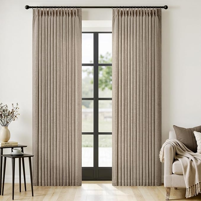 MIULEE Pinch Pleated Thick Linen Curtains 84 Inches Long 2 Panels for Living Room Bedroom, Memory Trained Drapes Pleat Back Tab Light Filtering Grey Beige Window Curtains with Hooks&Rings