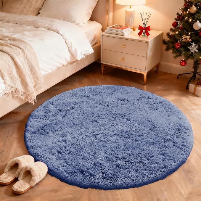 OLANLY Denim Blue Round Rugs for Bedroom - Machine Washable, 4 ft Circle Area Rugs for Living Room, Soft and Fluffy Shaggy Carpet for Teen Girl and Boys, Nursery Rooms, Dorms, Home Decor Aesthetic