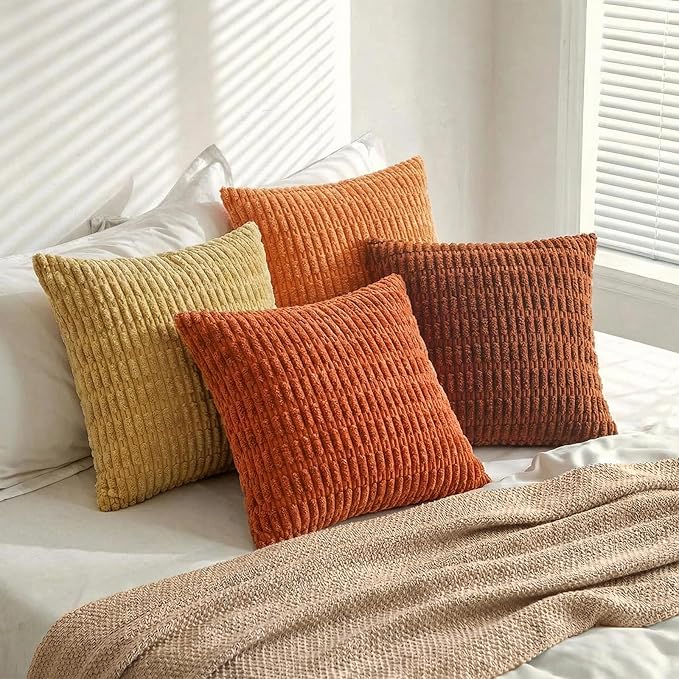 Fancy Homi Set of 4 Burnt Orange Fall Decorative Throw Pillow Covers 16x16 Inch for Couch Bed Chair, Modern Farmhouse Boho Room Decor, Soft Fuzzy Corduroy Textured Striped Cushion Case 40cm