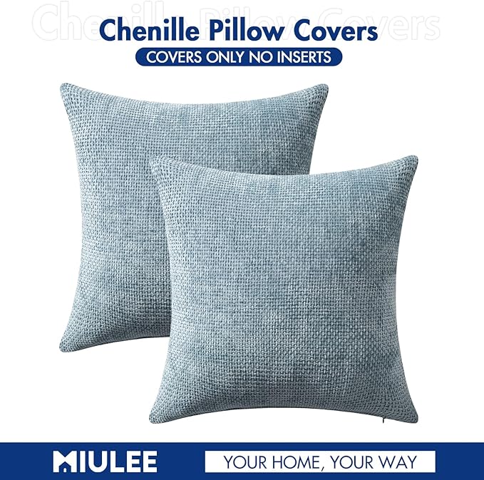 MIULEE Pack of 2 Euro Sham Pillow Covers 24x24 Inch Coastal Smoke Blue Modern Boho Accent Decorative Throw Pillow Covers Chenille Farmhouse Cushion Covers for Home Decor Couch Bed Sofa Living Room