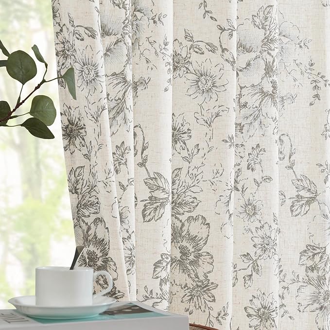 jinchan Linen Blend Curtain Floral Curtains for Living Room 63 Inch Length Grey Printed Curtain Rod Pocket Back Tab Farmhouse Peony Flower Patterned Drapes Bedroom Window Curtains Set 2 Panels