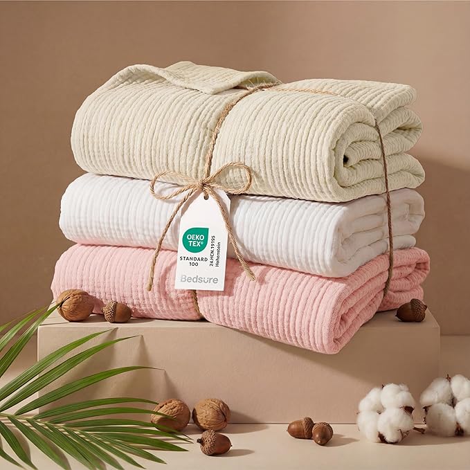 Bedsure 100% Cotton Muslin Throw Blanket Twin XL for Bed - 4-Layer Breathable and Lightweight Thin Soft Summer Gauze Muslin Blankets for Adults, Pink, 66x90 Inches