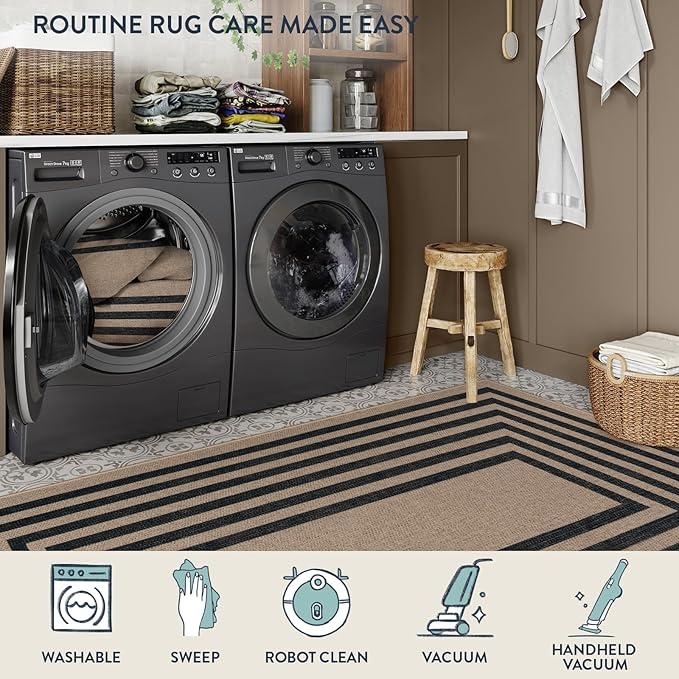 Lahome Enfys Modern Geometric Easy Jute Outdoor Rug, 3x5 Black Washable Kitchen Rugs for Bedroom Thin Non Slip Indoor Door Mat, Non Slip Farmhouse Carpet for Office Patio