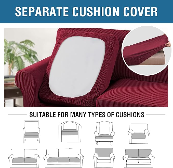 H.VERSAILTEX 4 Piece Stretch Sofa Covers for 3 Cushion Couch Covers for Living Room Furniture Slipcovers (Base Cover Plus 3 Seat Cushion Covers) Upgraded Thicker Jacquard Fabric (Sofa, Burgundy)