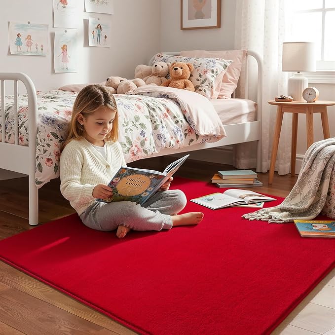 Amearea 4x4 Square Area Rugs for Bedroom Living Room, Modern Red Thickened Memory Foam Rug, Fluffy Indoor Washable Rug Non Slip Minimalist Carpet for Entryway Kids Boys Girls Dorm Nursery Room Decor