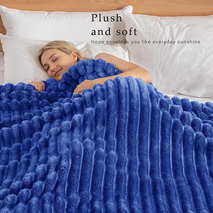 Exclusivo Mezcla Fleece Throw Blanket for Couch, Super Soft Striped Jacquard Bed Blanket, Lightweight Fuzzy Cozy for All Seasons, 50x60 Inches, Cobalt Blue