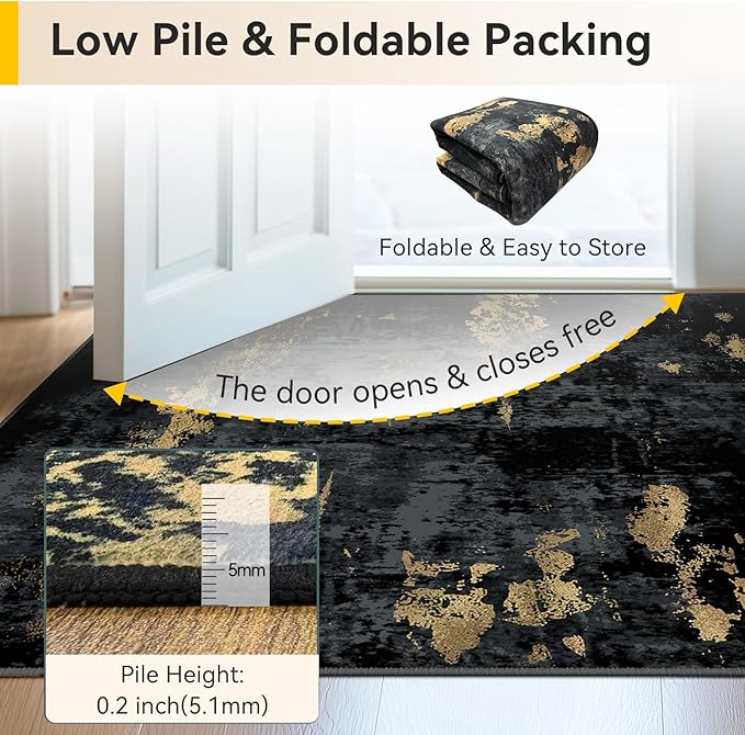 Washable Area Rugs Square 9ft Non-Slip Modern Abstract Soft for Living Room Entryway Bedroom Nursery, Print Pattern, Dark Black Gold
