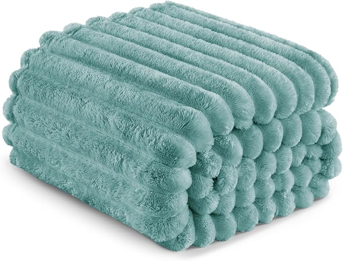 Exclusivo Mezcla Fleece Throw Blanket for Couch, Super Soft Striped Jacquard Bed Blanket, Lightweight Fuzzy Cozy for All Seasons, 50x60 Inches, Celadon