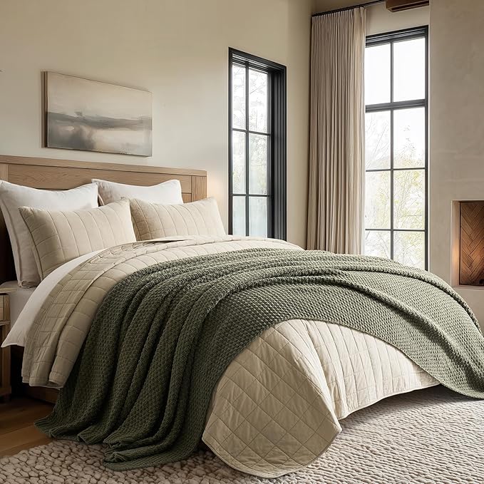 EVERGRACEHOME Chunky Chenille Knit Throw Blanket for Couch, Soft Luxurious Oversized Queen Moss Stitch Blanket for Bed, Cozy Farmhouse Knitted Throw for Sofa, Olive Green, 90" x 90"
