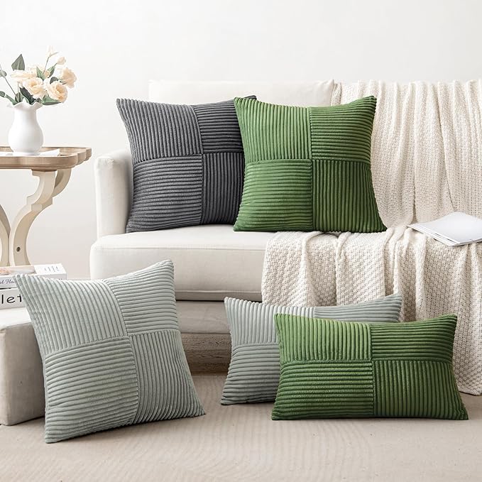 MIULEE Moss Green Decorative Throw Pillow Covers 16x16 Inch for Couch Bed Sofa Spring Decor Pack of 2 Boho Farmhouse Throw Pillows Soft Cross Corduroy Patchwork Textured Cushion Cases